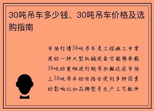 30吨吊车多少钱、30吨吊车价格及选购指南