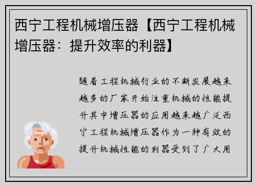 西宁工程机械增压器【西宁工程机械增压器：提升效率的利器】